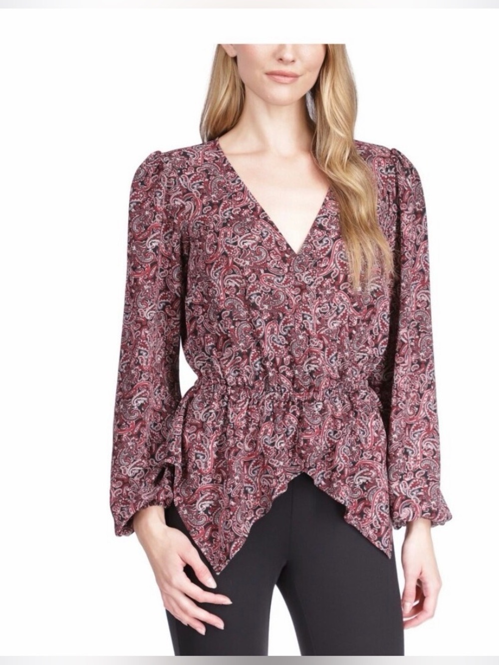 Michael Kors Women's Sz M Paisley V-Neck Peplum Blouse